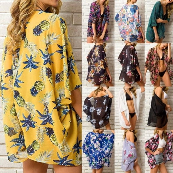 Kimono en Mousseline à Fleurs pour Femmes, Cardigan de Plage, Couvre-Maillot de Bain, Robe Courte