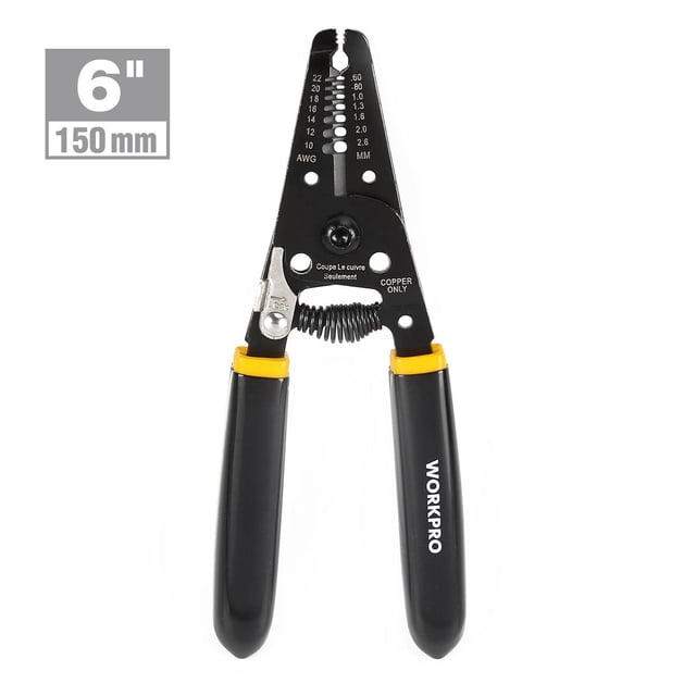 WorkPro 6" Wire Stripper with black spring-loaded steel jaws and non-slip black handles with yellow accents, designed for stripping and cutting 10-22 AWG copper wire, featuring a built-in locking mechanism for safety, measuring 6 inches (150 mm).