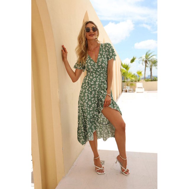 Robe Aguichant en Chiffon pour Femmes Robe à Imprimé Floral Robe à Lacets Col en V Jupe de Plage Fendue à Volants Asymétrique Style Décontracté