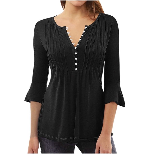 Diufon Womens Dressy Tops Casual Ruffle 3/4 Sleeve Button V Neck Loose Shirts Trendy Solid Color Basic Blouse