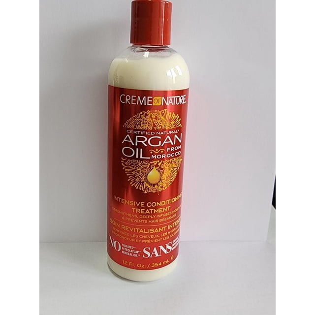Argan Oil Intensive Conditioning Treatment by Creme of Nature, 12 fl oz (354 ml) bottle with red and gold label, infused with natural argan oil from Morocco, strengthens and moisturizes hair while preventing breakage, free of sulfates, petrolatum, and mineral oil.