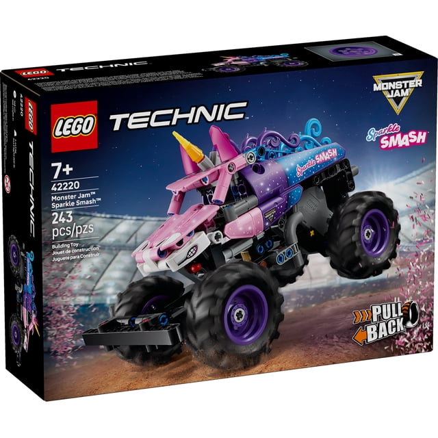 LEGO Technic Monster Jam Sparkle Smash Camion à Rétrofriction Jouet pour Garçons et Filles - Jouet de Construction de Camion Monstre avec Action de Course à Rétrofriction pour Enfants, 7 Ans et + - Idée-Cadeau pour Anniversaires - 42220 Camion Monstre Licorne Assemblé Orienté vers l'Avant Sparkle Smash avec Klaxon de Licorne, Autocollants Étincelants Étoile Imprimés, Roues à Bande de Roulement Surdimensionnées et Châssis à Rétrofriction visible; Ensemble de 243 Pcs, Environ 7,5 Po (19 cm) de long,