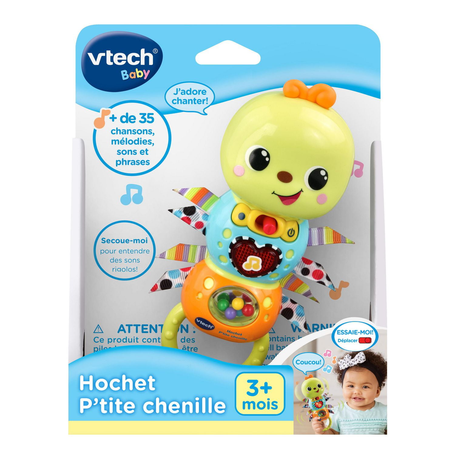 VTech Hochet P'tite chenille - Hochet bébé lumineux avec sons et mouvements - Version française