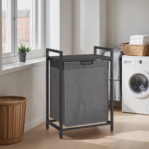 LEDREM Panier à Linge 3-en-1 avec Tablette et Sacs Amovibles, Capacité de 17,2 Gal, Cadre en Acier, Conception Gain de Place, pour la Maison, Gris et Noir