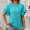 thumbnail image 2 of JIRNDf Hauts pour Femmes T-Shirts d'Été Tendance Couleur Unie Col Rond Manches Courtes à Volants Blouse pour Femmes Tunique Décontractée Bleu Ciel L, 2 of 9