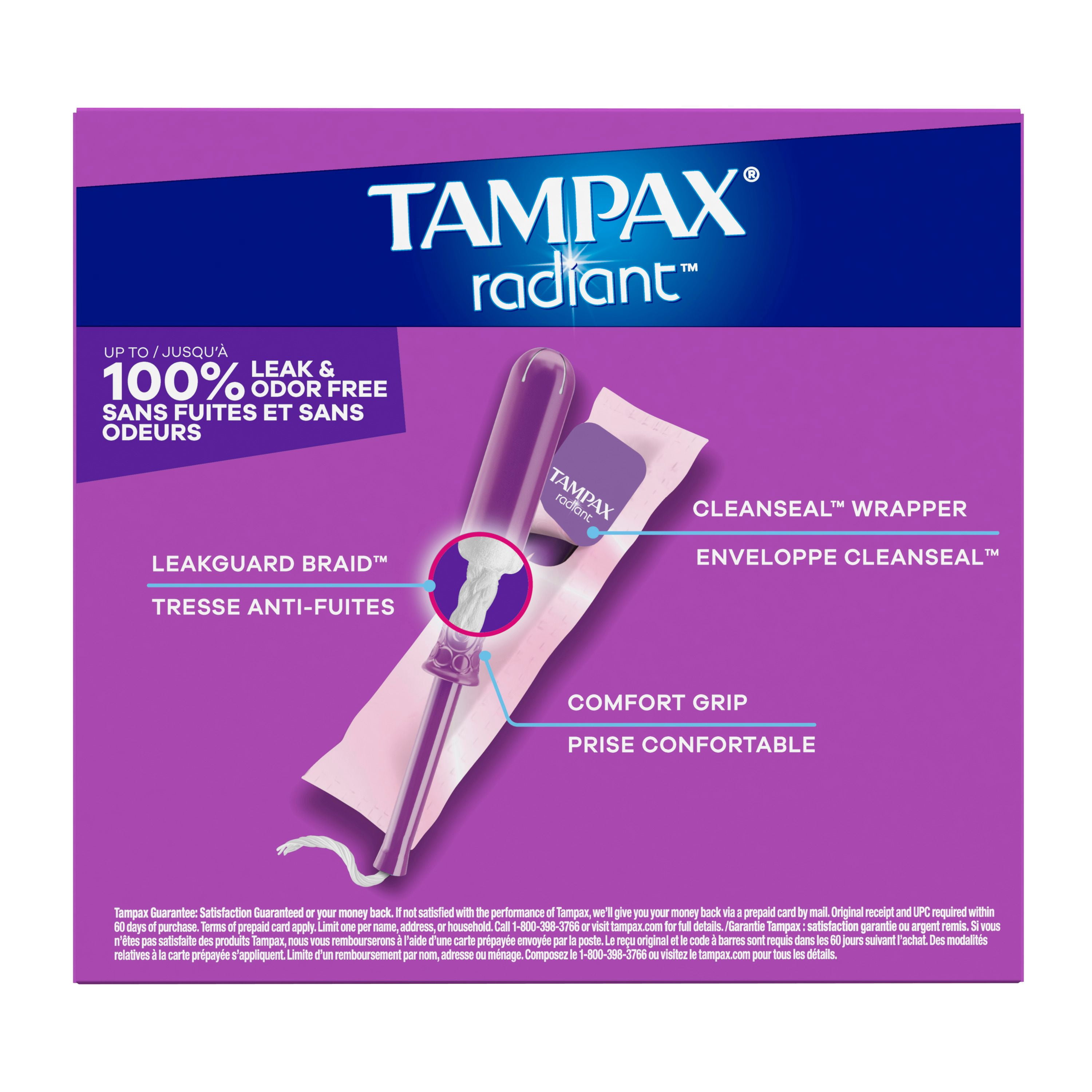 Tampax Radiant Emballage Multiple de Tampons, avec Tresse Anti-Fuites, Absorption Régulière/super, Non Parfumés