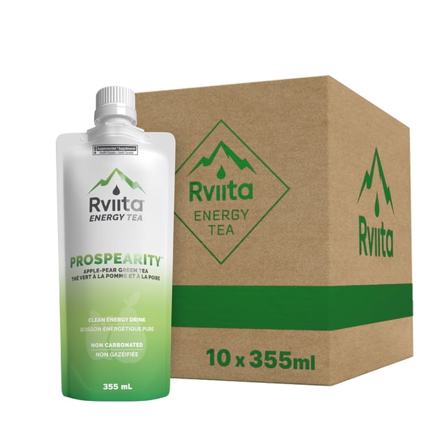 Rviita Thé Énergétique Prospearity Pomme Poire 355 ml Pochette Refermable avec design Dégradé Blanc à Vert à Côté d'Une Boîte en Carton Brune Présentant des logos de Thé Énergétique Rviita Verts et une Quantité de 10 x 355 ml, Présentant une Boisson Énergétique Propre Non Gazeuse Fabriquée à Partir de Thé Vert Pomme-Poire, Convient pour une Énergie Pratique en Déplacement.
