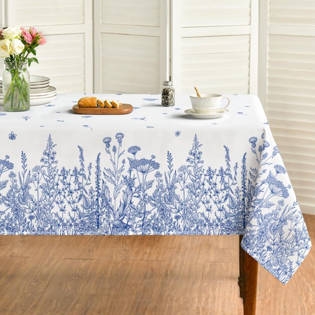 Spring Summer Tablecloth 60×120 Inch Rectangular, Wild Flowers Floral Blue Washable Seasonal Table Cover for Party Picnic Dinner Decor