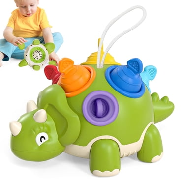 Toytexx Green Baby Dinosaur Sensory Pull-Pop Toy – 5-in-1 Silicone & ABS Toy for 6-18 Months, Fine Motor Skills, Early Development