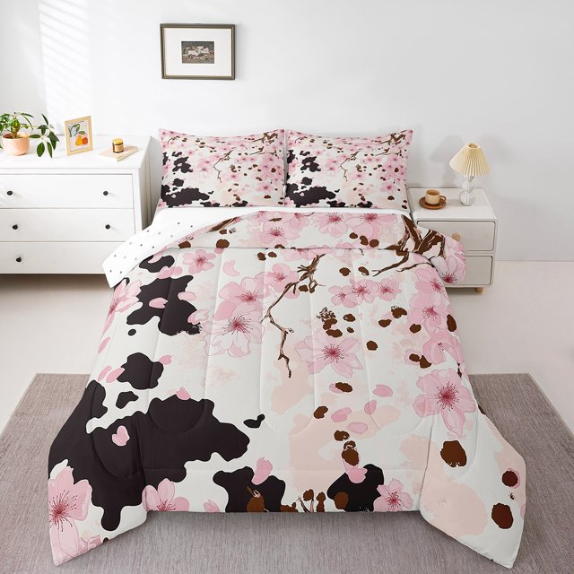 Erosebridal Ensembles de Couette Fleurs de Cerisier Roses Format Tout-Petit, Couettes et Duvets Motif Vache, Réversible 2 Pcs