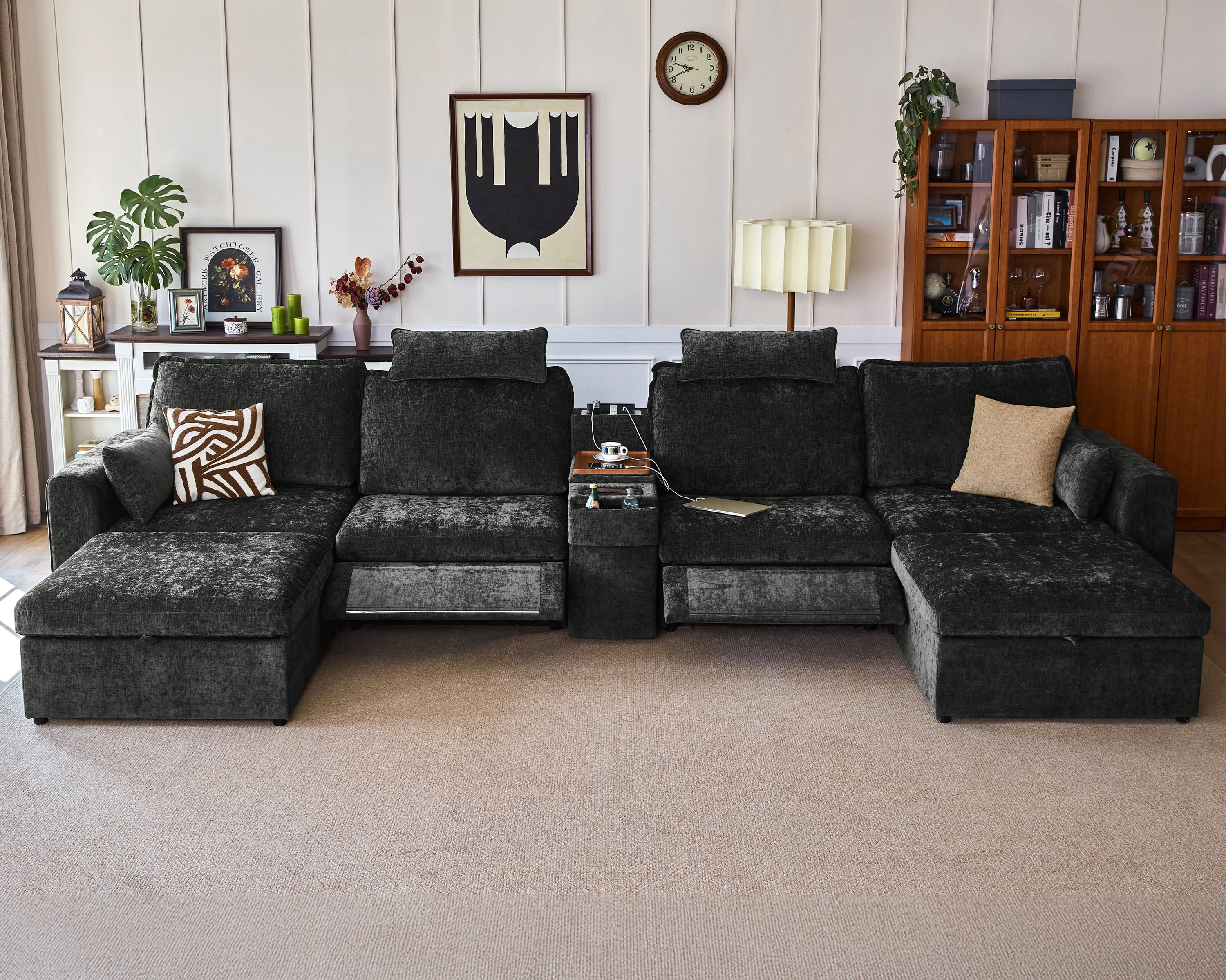 BEDEEP 174.4'' Power Recliner Sofa with Headrest Console, Moduar Cloud Sectional Chenille Reclining Couch with Storage Ottoman Chaise, Convertible 6-Seater Sofa Couch for Living Room RV, Black