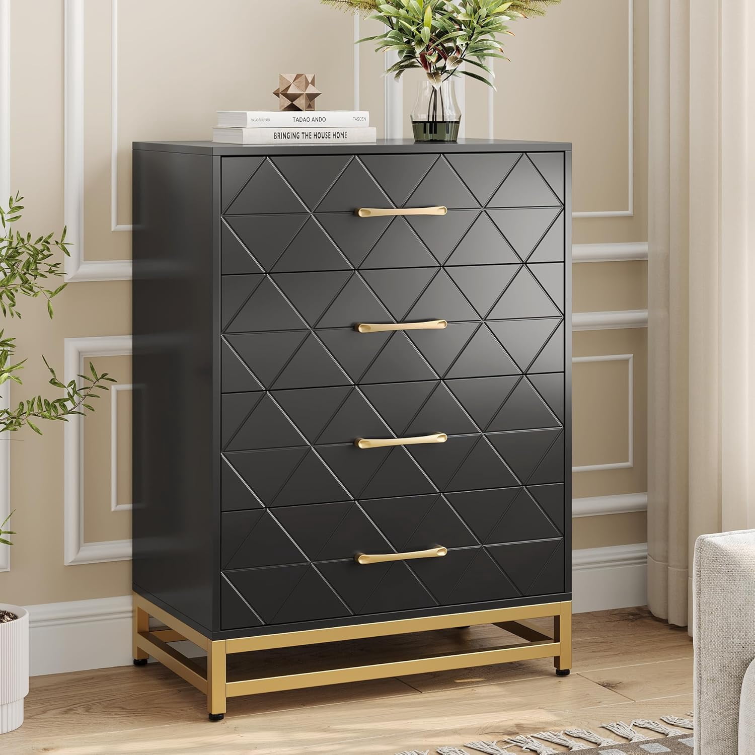 4-Drawer Tall Dresser for Bedroom Storage Black - Compact Chest of Drawers with Wood Top