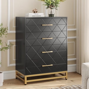 4-Drawer Tall Dresser pour chambre à coucher rangement noir - Poitrine compacte de tiroirs avec plateau en bois