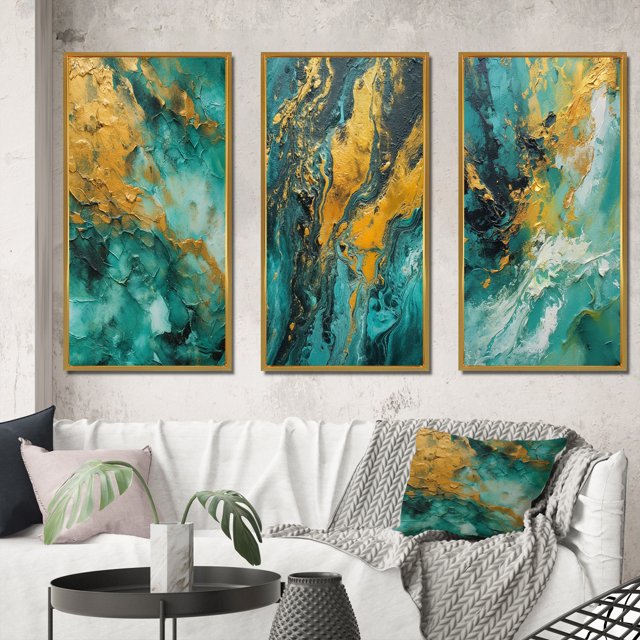 Designart "Golden Turquoise Breakers Abstract Waves V" Abstract Shapes Framed Wall Art Set Of 3 - Gold Transitional Frame Canvas Set For Living Room Decor