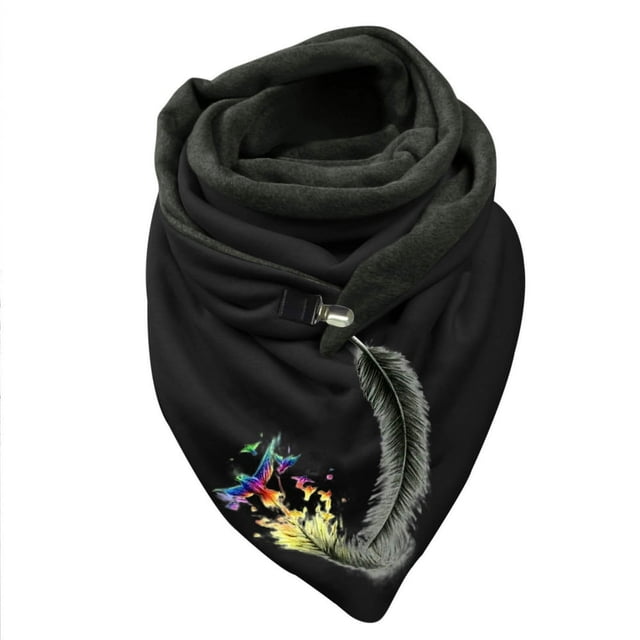 Women Feather Print Cotton Winter Warm Button Up Scarf