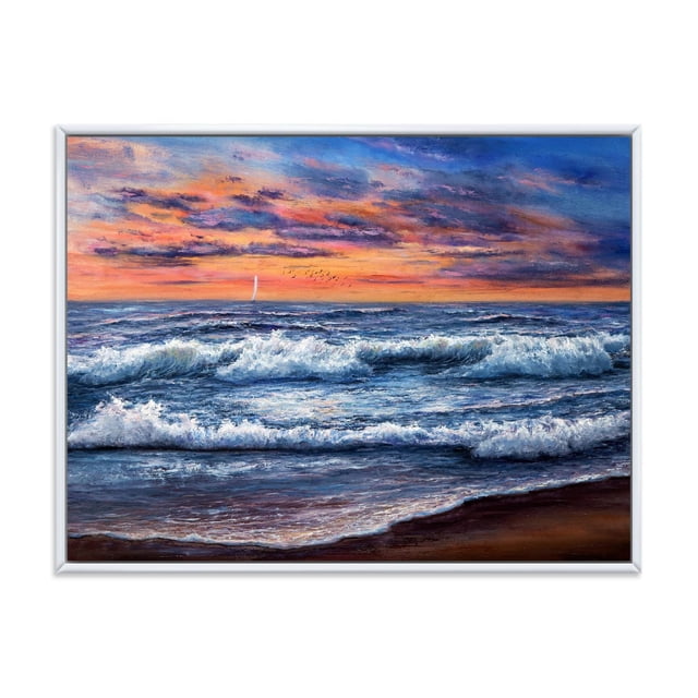 Designart Coucher de Soleil sur l'Océan Bleu II Cadre Flottant ART Mural Présentant une Impression sur Toile Encadrée de Vagues d'Océan Bleu Se Déchaînant sur un Rivage Sablonneux sous un Ciel de Coucher de Soleil avec des Nuages orange et Roses, Imprimée sur Toile de Coton de Qualité Supérieure avec un Cadre Flottant en Bois de 1 Po, Idéale pour la Déco Murale Nautique et Côtière.