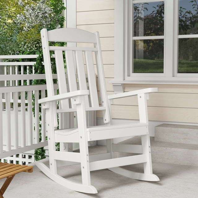 FOOWIN Patio Slat Rocking Chair, HDPE Plastic Weather Resistant Porch Rocker,White