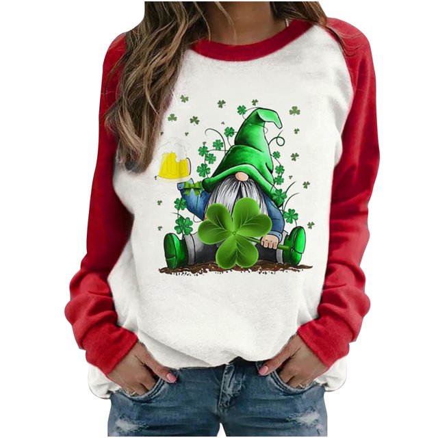 Penkiiy Femme T-Shirt à Manches Longues de la Saint-Patrick Décontracté Ample avec Imprimé Graphique de Trèfle Haut 3TG Rouge