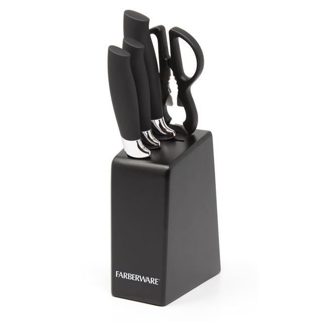 Farberware 5-piece Chrome Knife Set with black matte resin-coated ergonomic handles and chrome bolsters, including a 6-inch chef's knife, 5.5-inch serrated utility knife, 3.5-inch paring knife, and kitchen shears stored in a black block holder with Farberware branding.