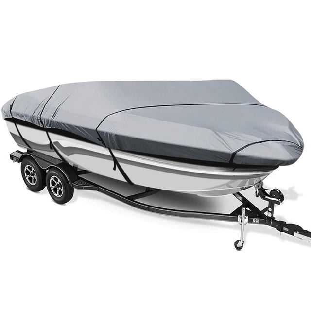 Boat Cover 14' to 16' V & Tri Hull, Bass 90'' Grey fitted over a boat on a black dual-axle trailer, made of 300 Denier MoorGuard pigment coated polyester with reinforced rear corners and bow, sewn-in elastic cord, 1-inch poly-web top seam, and built-in buckle and strap system for secure fit, water repellant, UV and mildew resistant breathable fabric with air vents.
