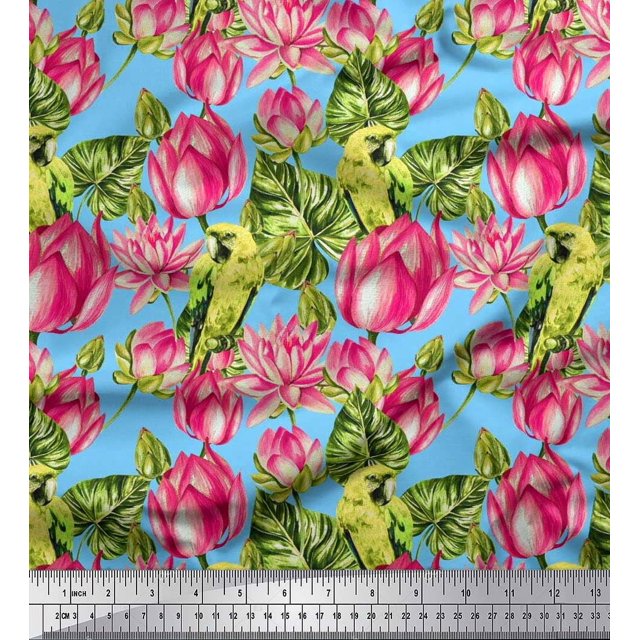 Soimoi Poly Georgette Fabric Parrot,Leaves & Lotus Floral Decor Fabric Printed Yard 52 Inch Wide