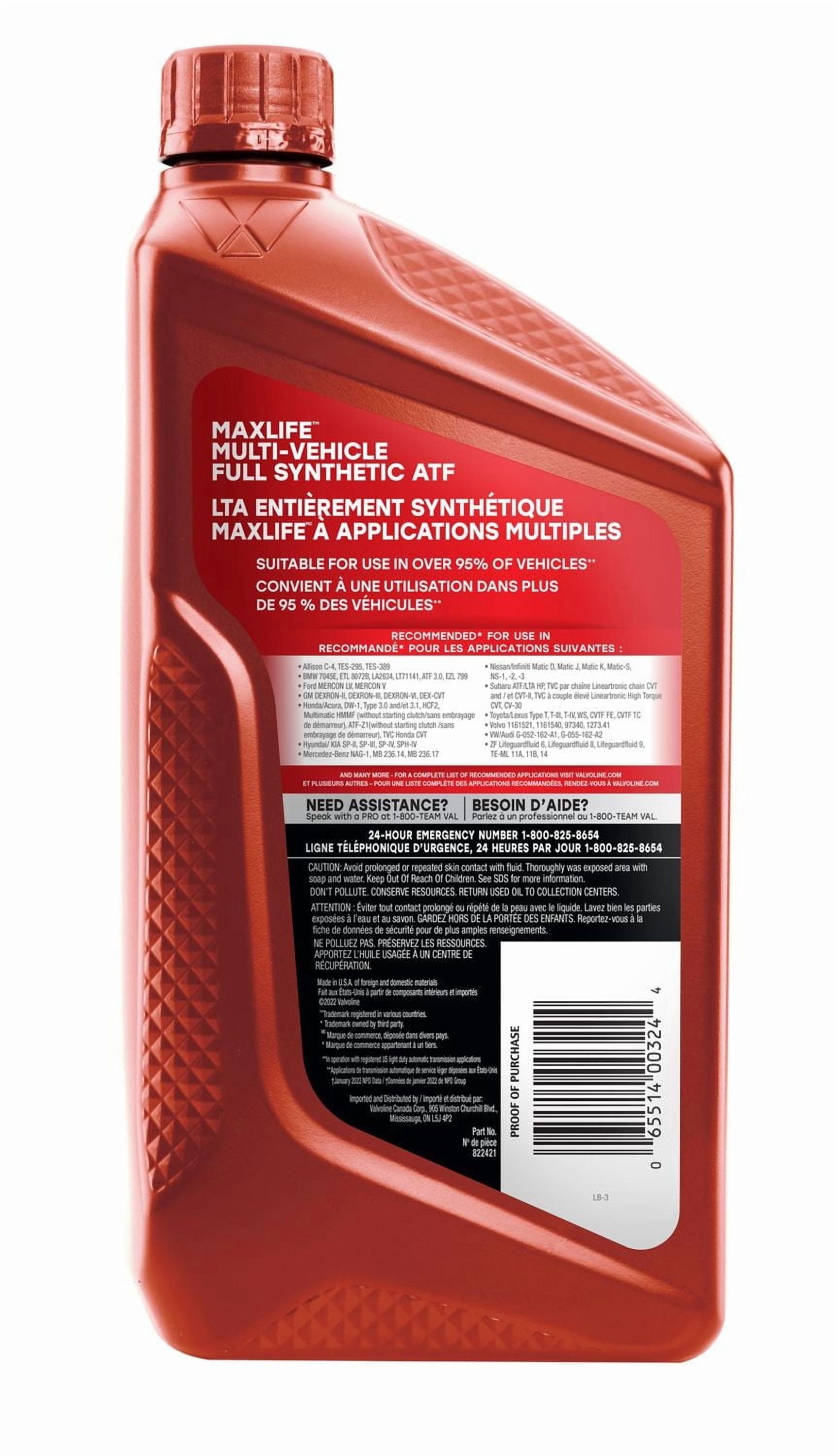 Liquide pour transmission automatique Valvoline MaxLife entièrement synthétique à applications multiples