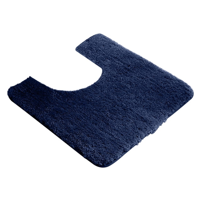 LEUTSIN Toilet Rugs U Shaped Washable in a deep blue colour, designed for toilet bases. Made of ultra-soft microfiber with a low-pile shaggy texture, this contour bathroom mat measures approximately 50x50 cm. Features include a non-slip TPR rubber backing for safety, quick-drying and water-absorbent fibers, and machine washability for easy maintenance. Suitable for bathrooms and restrooms, offering comfort and protection from cold floors.