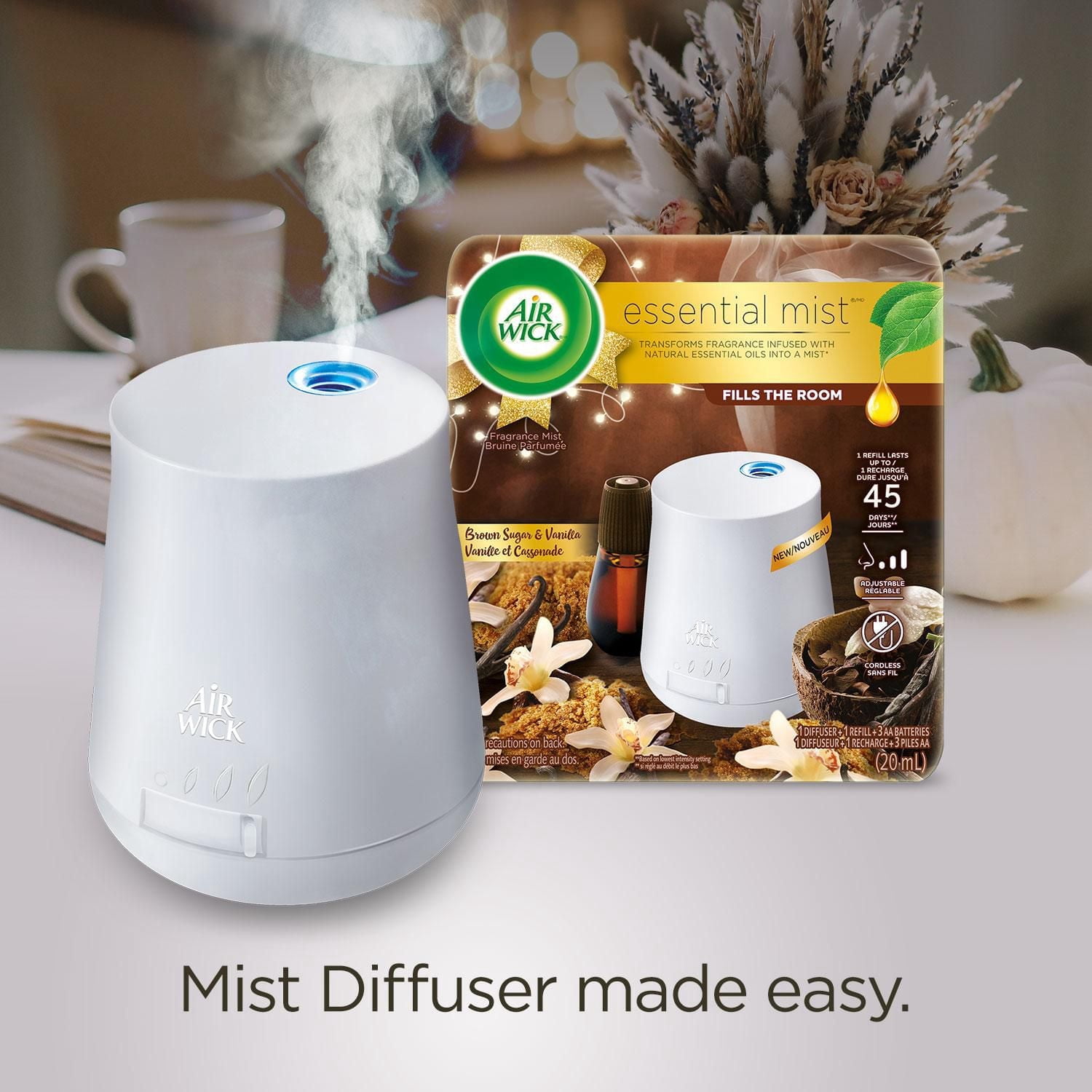Ensemble de diffuseur d'huile parfumée Air Wick Essential Mist, Vanille, 1 diffuseur + 1 recharge, 1 unité