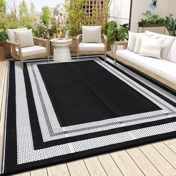 Gavee 9'x12' Waterproof Outdoor Rug, Reversible Patio Area Rug Indoor Outdoor Carpet, Plastic Modern Geometric Carpet for RV Camping Deck Balcony, Porch, Picnic, with Storage Bag, Black and White