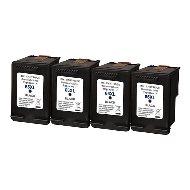 L-ink 4 Pack Compatible HP 65XL High Yield Black Ink Cartridge (N9K04AN) showing four remanufactured black ink cartridges with white 65XL replacement labels, arranged in a row on a white background, designed for HP DeskJet e-All-in-One printers with 300 page yield and clear, crisp print quality.