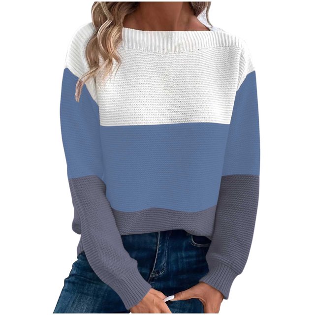 Timegard Tops for Women Lightweight Drop Shoulder Sweaters Crewneck Long Sleeve Pullover Tops Block Color