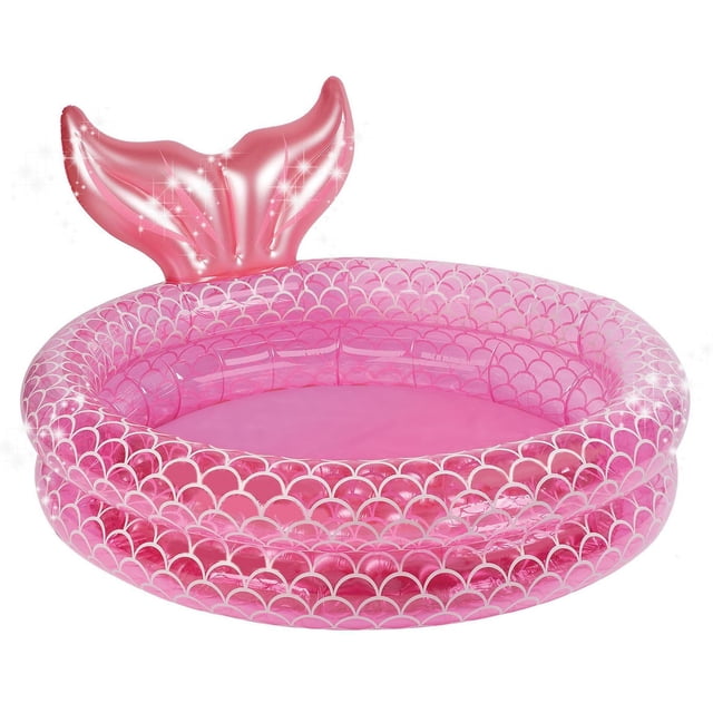 Splash Buddies Inflatable Kiddie Pool in pink with a mermaid scale pattern and inflatable mermaid tail fin, made of smooth, skin-friendly plastic for outdoor kids water play, suitable for ages 2 and up.