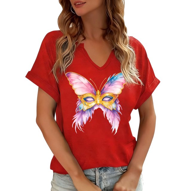 TIMIFIS Hauts Graphiques Décontractés pour Femmes Chemises d'Été Manches Courtes Chandail Col en V Printemps Léger Ample Confortable Sortie Tenue Mode Blouse Vacances Hauts