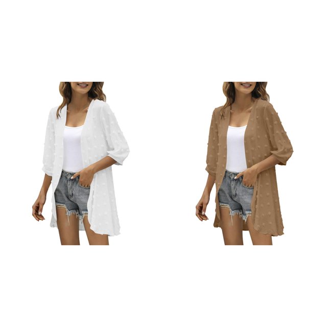 2 Pack(White 1PCS & Khaki 1PCS) Multipack Women Casual Cardigan Three Quarter Sleeve Open Front Lightweight Dots Cardigan Draped Plus Cardigan Ruffles Cardigan
