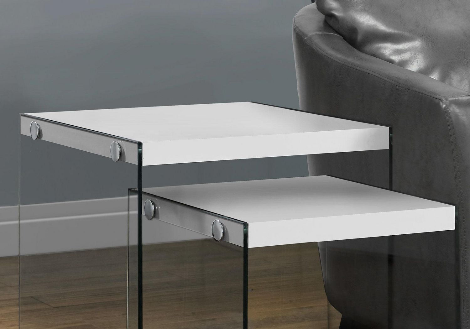 Monarch Specialties Tables Gigognes, Lot De 2, Côté, Bout, Accent, Salon, Chambre À Coucher, Verre Trempé, Stratifié, Blanc Lustré, Dégager, Contemporain, Moderne