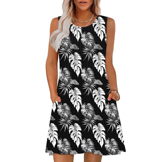 Ovzne Robes d'Été pour Femmes Robe Femme Imprimé Sans Manches Col Rond Aguichant Élégante Boîte de Nuit Fête Tunique Mini Robes Décontractées Vacances Robe Vacances Robe Imprimée Liquidation