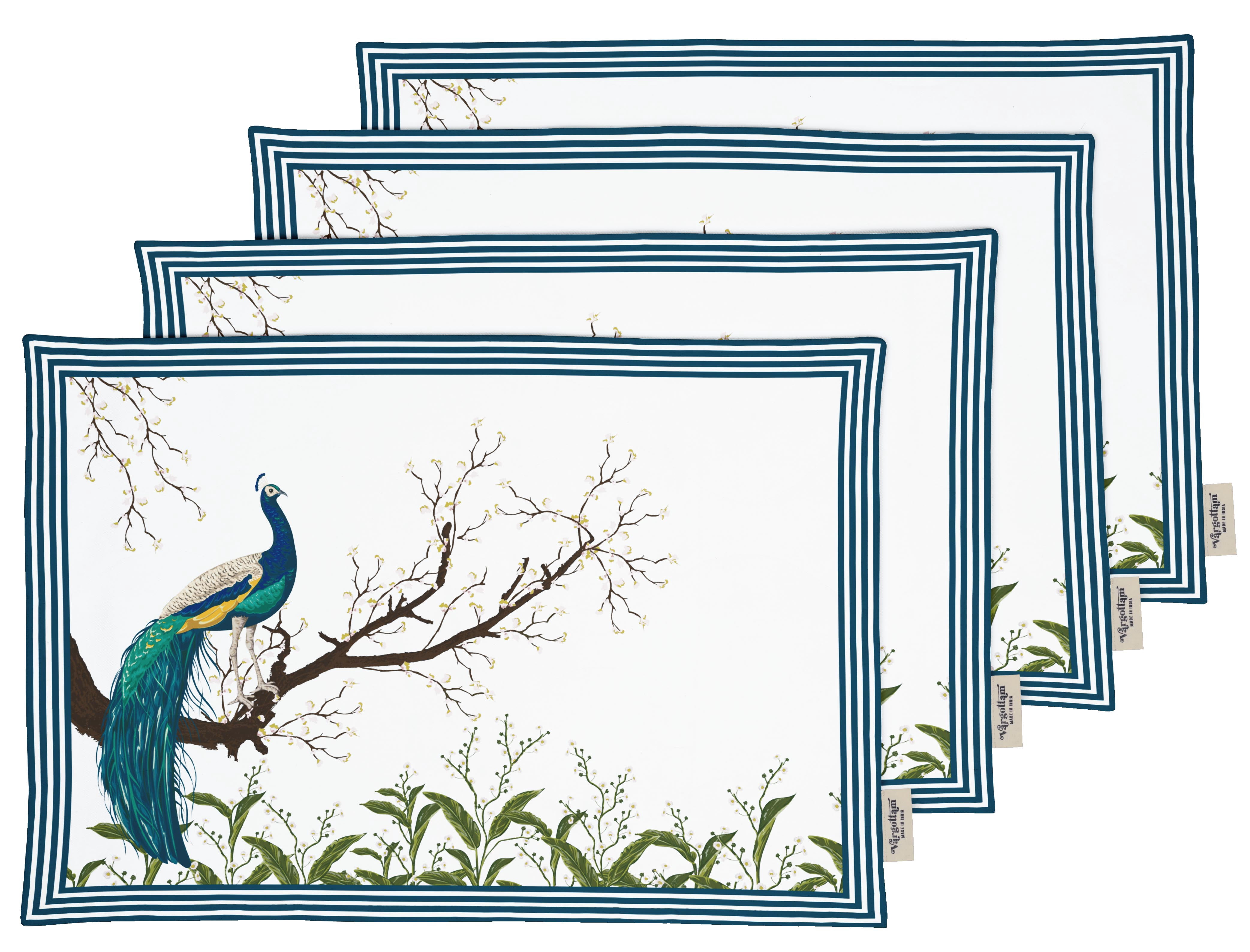 Vargottam Napperons - Napperon pour Table à Manger, Ensemble de 4 - Serviette en Coton Imprimée et Réversible - Napperons d'Intérieur pour Table de Salle à Manger à la Maison et en Cuisine - Paon (Vert Sarcelle)