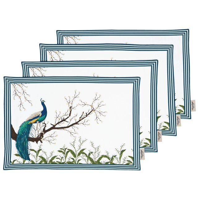 Vargottam Napperons - Napperon pour Table à Manger, Ensemble de 4 - Serviette en Coton Imprimée et Réversible - Napperons d'Intérieur pour Table de Salle à Manger à la Maison et en Cuisine - Paon (Vert Sarcelle)