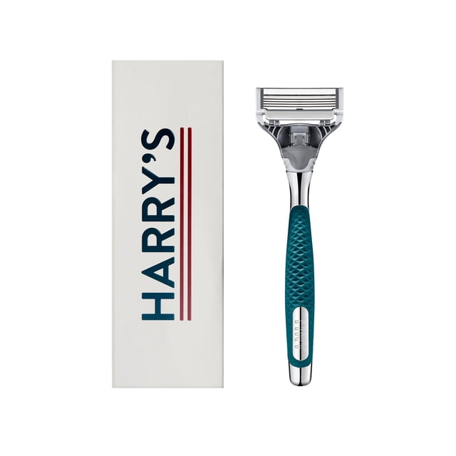 Harry's Razor for Men - Razor Handle and Razor Blade Cartridge - Shaving Gift Set for Him - Chrome. The image features a chrome razor handle with a teal rubberized grip for optimal control, paired with a 5-blade cartridge designed for a close, smooth shave. The razor includes a precision trimmer for hard-to-reach areas and a lubricating strip for an even glide. The set is displayed with a branded Harry's box, making it a thoughtful gift option.