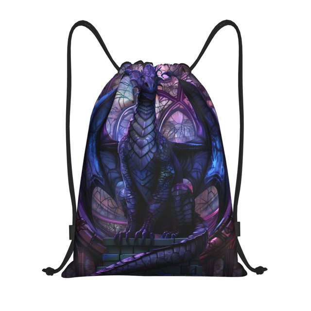 KLL Fantasy Dragon In Cathedral Pattern Drawstring Backpack,Adult Sackpack Sports Yoga Gym Bag for Women Men for Wet Swimming,Gym,and Workout Gear-Medium