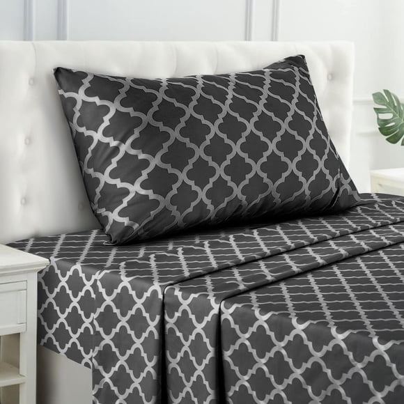 Ldc Lux Decor Collection Draps de Lit - 3 Pcs Simple TG - Draps en Microfibre Brossée Haute Densité - jusqu'à 16 Pouces de Profondeur Draps et Taies d'Oreiller (Simple TG, Quatrefoil Noir)