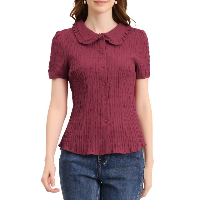 INSPIRE CHIC Chemise Douce à Col Claudine Vintage pour Femme, Boutonnée, S Rouge Foncé