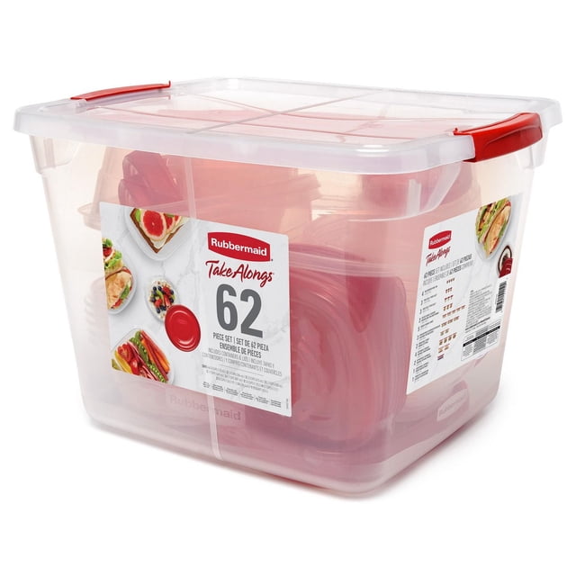 Rubbermaid TakeAlongs Contenants de Rangement pour Aliments, Rouge, Ensemble de 62 Pcs dans un Bac en Plastique Transparent avec Couvercles Red Quik Clik Seal, Comprenant des Contenants Empilables Sans BPA Idéaux pour la Préparation de Repas, le Rangement du Garde-Manger et les Restes, Sécuritaires pour le Congélateur, le Micro-Ondes et le Lave-Vaisselle sur Étagère Supérieure. Convient Aussi à l'Organisation de Fournitures d'Artisanat Ou de Petits Articles Ménagers.