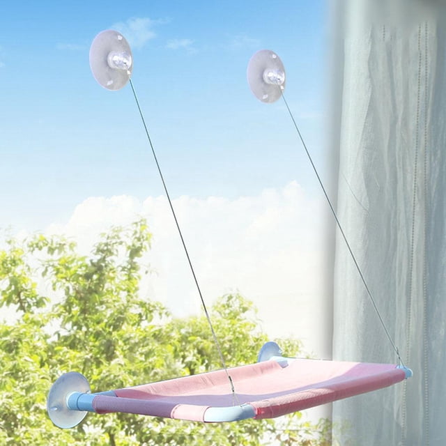 Cat Window Perch Hammock Hanging Bed with suction cups, featuring a pink high-density mesh mat and sturdy steel strands. Designed for cats up to 20 kg (44.1 lb), it offers a 360-degree panoramic view and breathable, quick-drying material. Ideal for cat furniture setups, the perch is mounted securely on a window with four suction cups, providing a stable and comfortable resting spot.