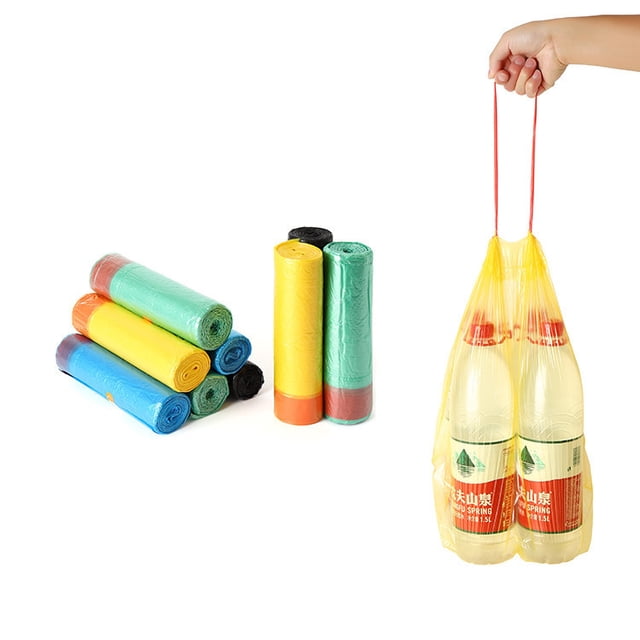 20L transparent kitchen garbage bags with drawstring, featuring a clear design and red drawstring for easy handling. The image shows multiple rolls of garbage bags in various colors, alongside a hand holding a yellow bag with red drawstrings carrying bottles. Each bag has a capacity of 20 litres and measures 53cm x 62cm. A total of 220 bags are included.