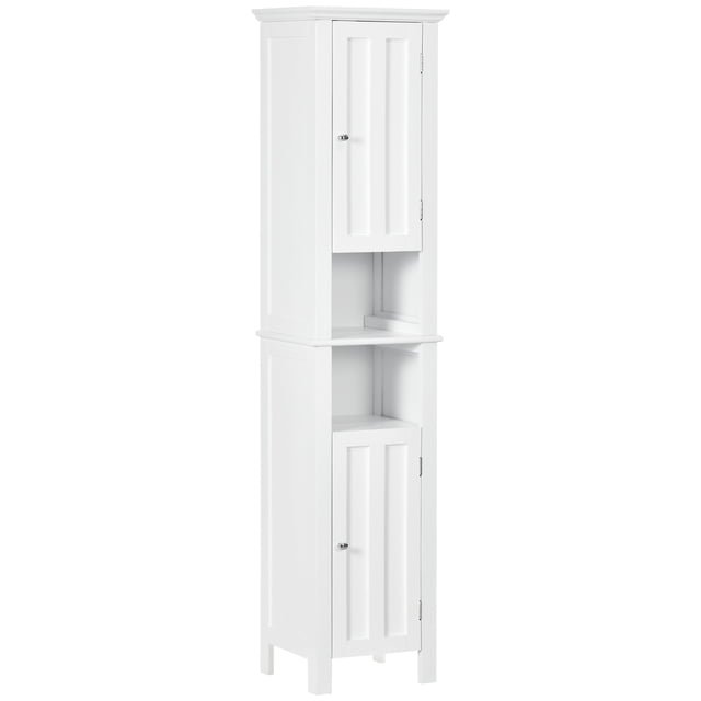 kleankin Armoire de Rangement Haute pour Salle de Bain avec Étagères, Blanc. Armoire Verticale Gain de Place avec Deux Compartiments de Rangement Fermés avec Portes à Panneaux et Deux Étagères Ouvertes. Fabriquée en MDF avec une Finition Blanche Peinte, Mesure 13,8 Pouces de Large, 11,8 Pouces de Profondeur et 62,4 Pouces de Hauteur. Parfaite pour Organiser les Serviettes, les Articles de Nettoyage et les Essentiels de Salle de Bain. Comprend une Tablette Ajustable dans l'Armoire Inférieure et un Dispositif Anti-Basculement pour la Sécurité, Ce Qui en Fait un Ajout Pratique aux Meubles de Salle