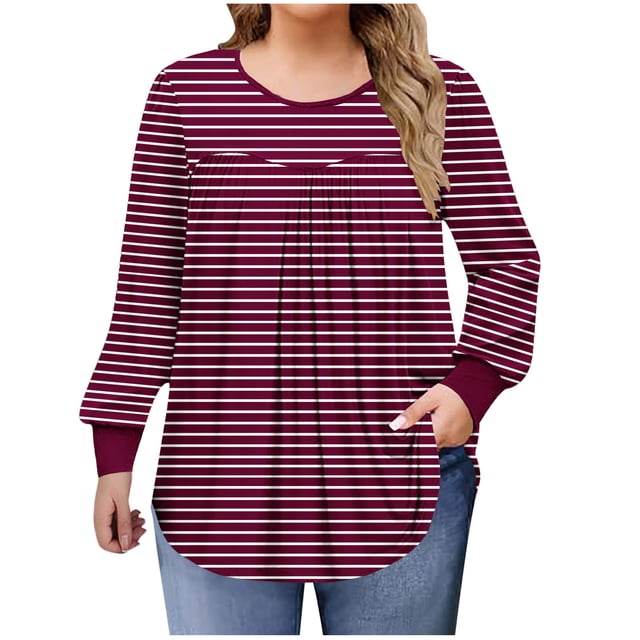Lmnyox Hauts Grande Taille pour Femmes, Manches Longues Surdimensionnées, Col Rond, Chemises Plissées, Blouses Décontractées Mode