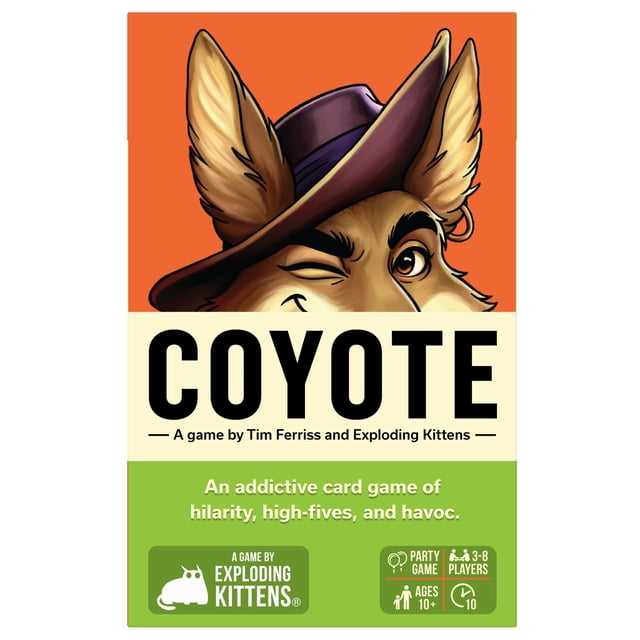 Boîte de Jeu de Cartes Coyote Présentant un Coyote de Dessin Animé Clin d'Oeil Portant un Chapeau Violet sur un Fond orange, Décrit comme un Jeu de Cartes Familial Accrocheur d'Hilarité, high-fives et havoc par Tim Ferriss et Exploding Kittens, Convient aux Joueurs de 3 à 8 Ans et Plus.
