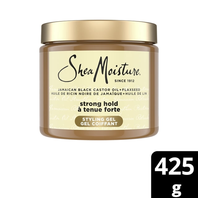 SheaMoisture Gel Coiffant à l'Huile de Ricin Noire Jamaïcaine à Tenue Forte avec Graines de Lin 425 g dans un Pot Rond Brun avec Couvercle Doré, Étiqueté en Anglais et en Français, Formulé pour une Tenue Forte, le Contrôle des Frisottis et l'Amélioration de la Brillance Lors de la Coiffure.