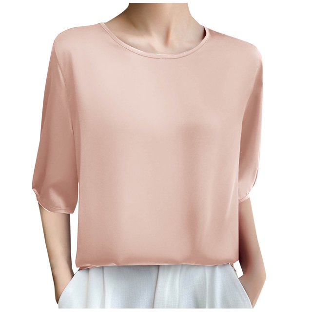 Plebaso Hauts à Col Rond pour Femmes Manches Mi-Longues Été Décontracté Blouses Amples Couleur Unie Hauts Élégants pour Femmes